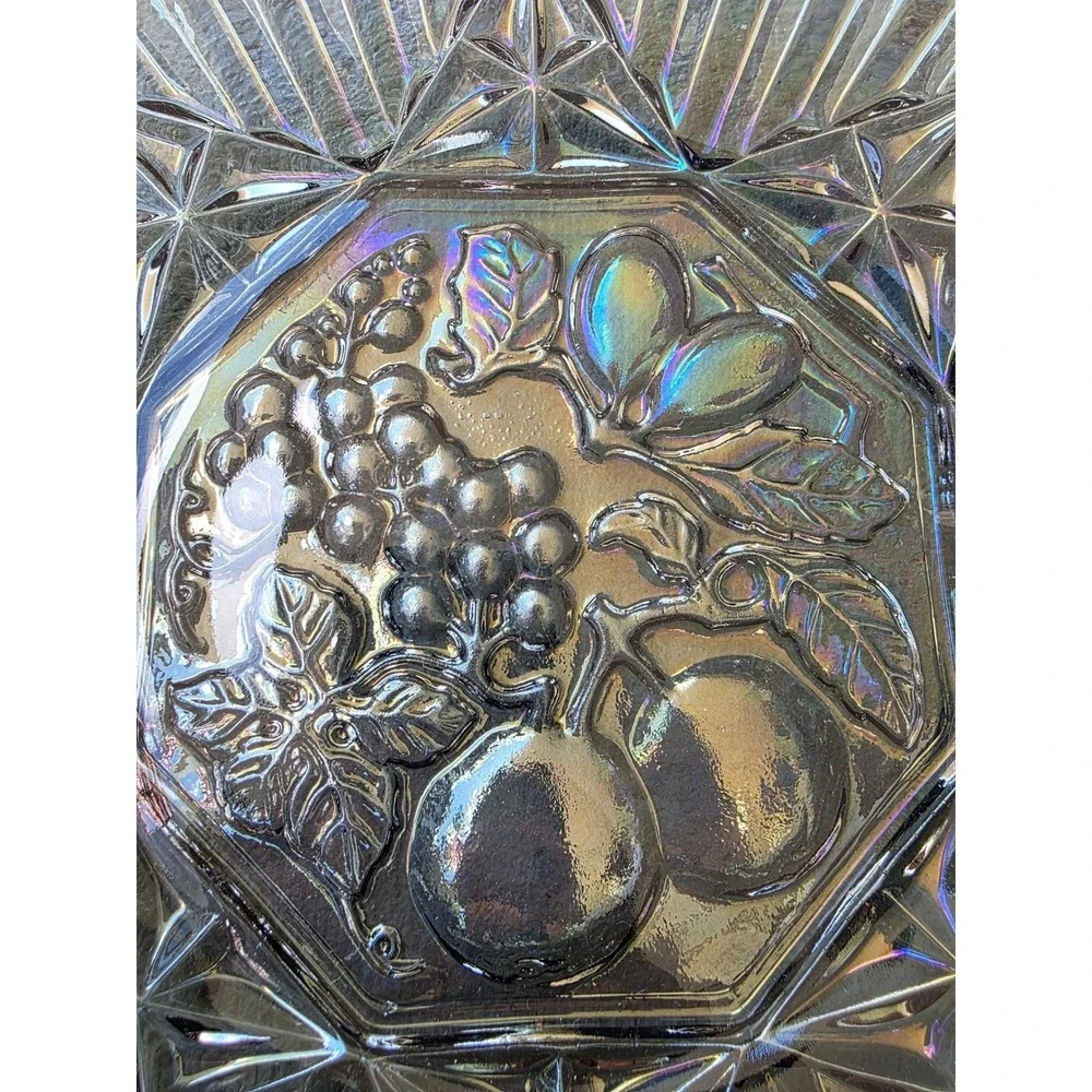Vintage Carnival Glass Bowl Iridescent Fruit Harvest Grapes Pears 10.5 Inch‎ E3